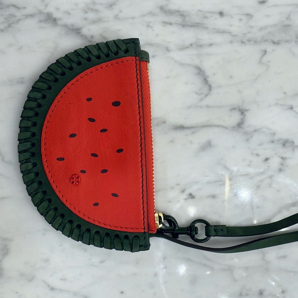 NEW Tory Burch Purse Nubuck Coin Pouch Key Charm Leather Watermelon Wristlet - Picture 3 of 5